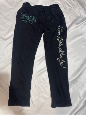 Ed Hardy Black Sweatpants with White Script & Teal Logo